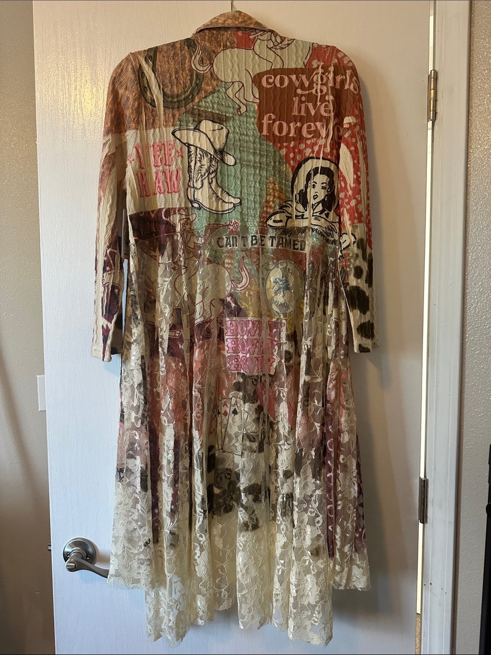 Boho Graphic Lace-Trim Long Cardigan in Multi-Color